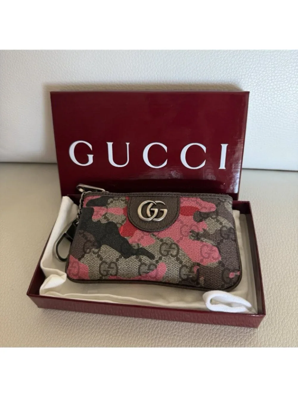NEW Gucci GG Monogram & Marbled Pink & Red Camouflage Key Case Coin Authentic